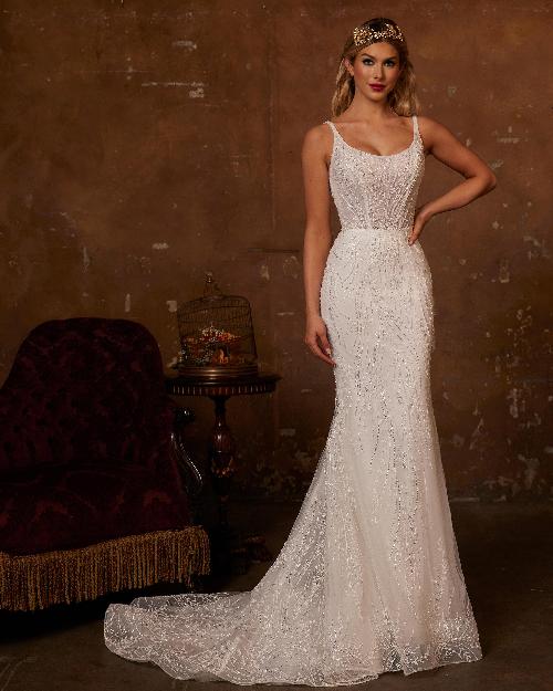 122233 sparkly wedding dress with overskirt and fitted sheath silhouette1